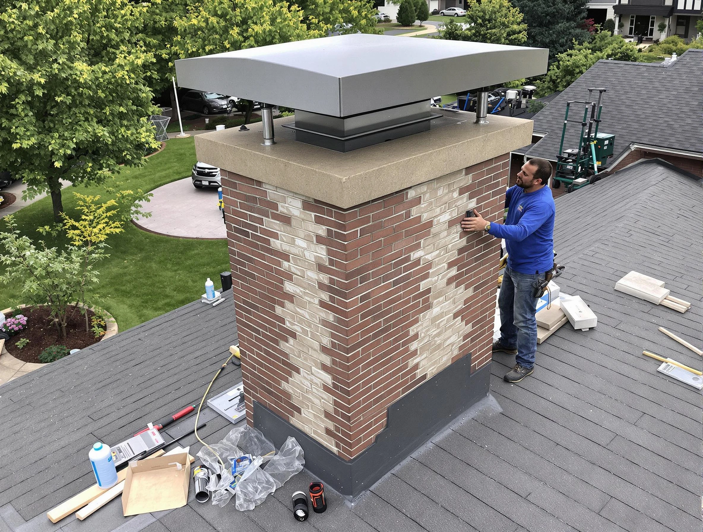 Placitas Chimney Sweep team working on a custom chimney remodel in Placitas, NM