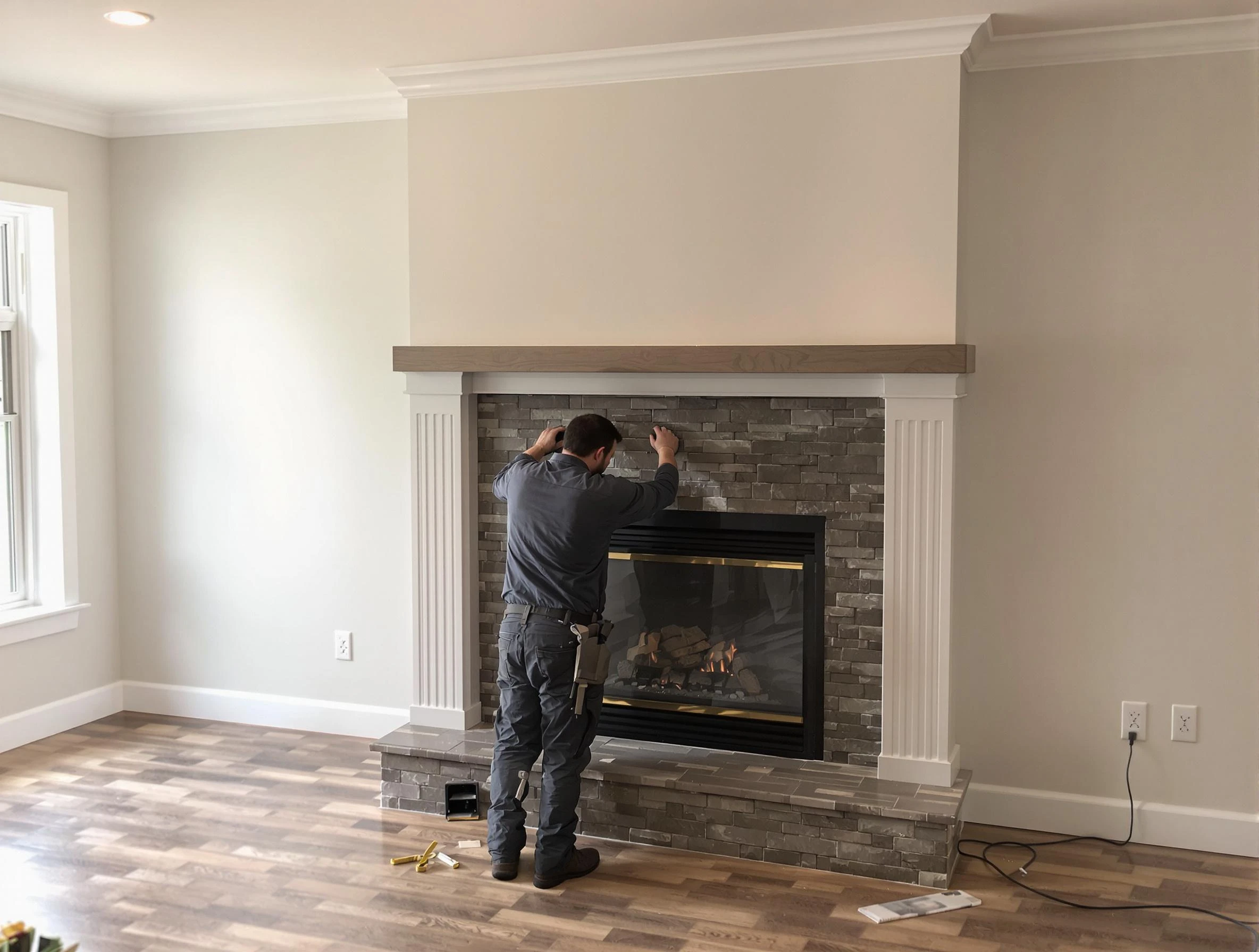 Placitas Chimney Sweep finishing a custom fireplace install in Placitas, NM